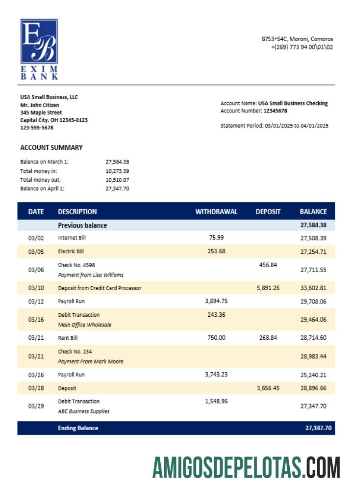 Extrato de conta corporativa do Comoran Exim Bank em formato Word e PDF exemplo real